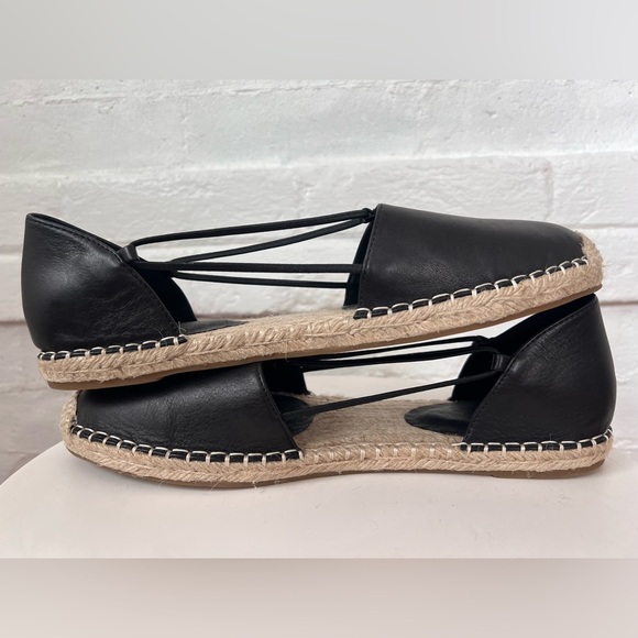 Eileen Fisher Lee Black Leather Espadrilles Flats Side Cutout Jute Sandal NWOT - Picture 4 of 11